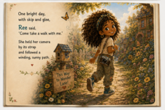 Illustration of a young girl walking in a sunny garden path surrounded by flowers and trees, with a butterfly overhead. The scene accompanies a children's story about a girl named Ree and her adventure.