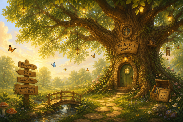 A large whimsical tree with a green door, small windows, and hanging lanterns, labeled 'Wonder Lane Studios,' surrounded by a lush, sunlit landscape with butterflies, a small bridge over a creek, colorful flowers, and a signpost with motivational words.
