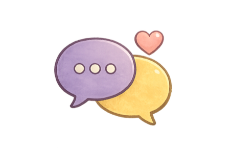 Two speech bubbles, one purple and one yellow, with a small pink heart above them.