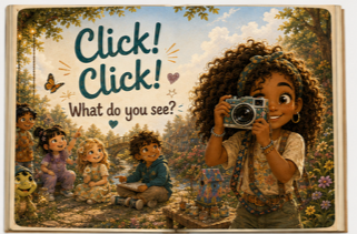 Young girl with curly hair takes a photo with a camera in a fairy tale scene with children and animals in a forest background.