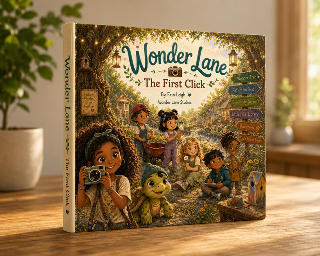 Book titled 'Wonder Lane: The First Click' by Erin Leigh, featuring an illustrated scene with children and a turtle on a park-like path with trees, lanterns, and signs.