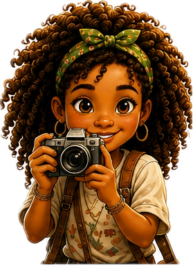 Young girl with curly hair, green polka-dot headband, gold hoop earrings, holding a camera.