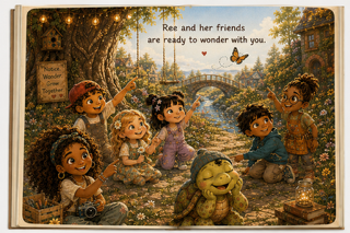 Ree and her friends sitting outdoors by a pond, surrounded by trees, with a bridge and a house in the background. They are celebrating with a turtle, butterfly, and lanterns, as the sun sets. The scene has a whimsical, storybook feel.