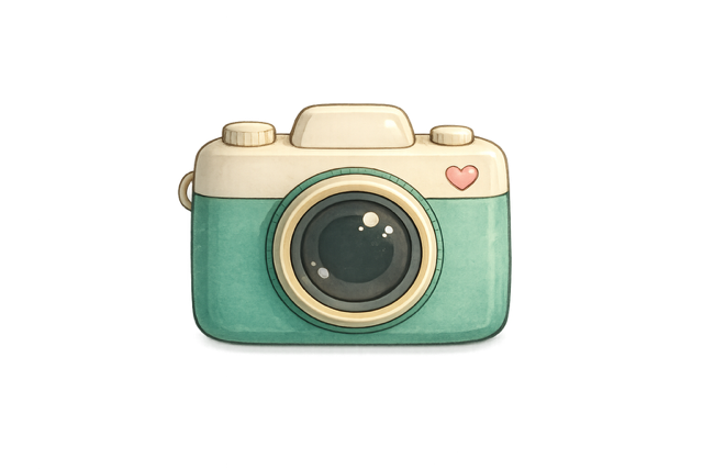Cute illustration of a vintage-style teal and cream camera with a heart on the top right corner.