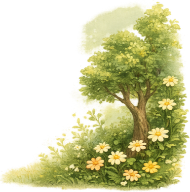 A painted illustration of a tree with green foliage and bunches of white and yellow flowers on the surrounding grass and bushes.
