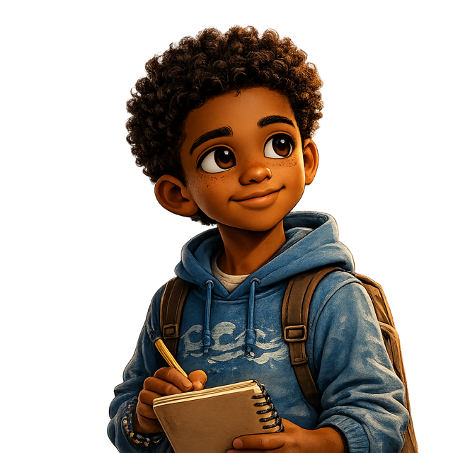 A young boy with curly hair and brown skin, wearing a blue hoodie and backpack, holding a yellow pencil and a spiral notebook, looking to the side with a cheerful expression.