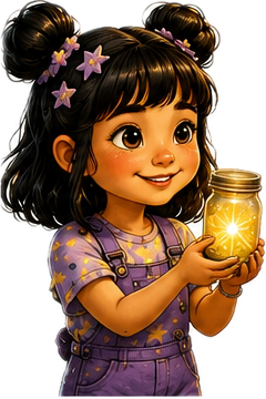 A young girl with dark hair styled in two buns decorated with purple star-shaped hair clips, wearing a purple shirt with polka dots, holding a glowing jar of light, smiling