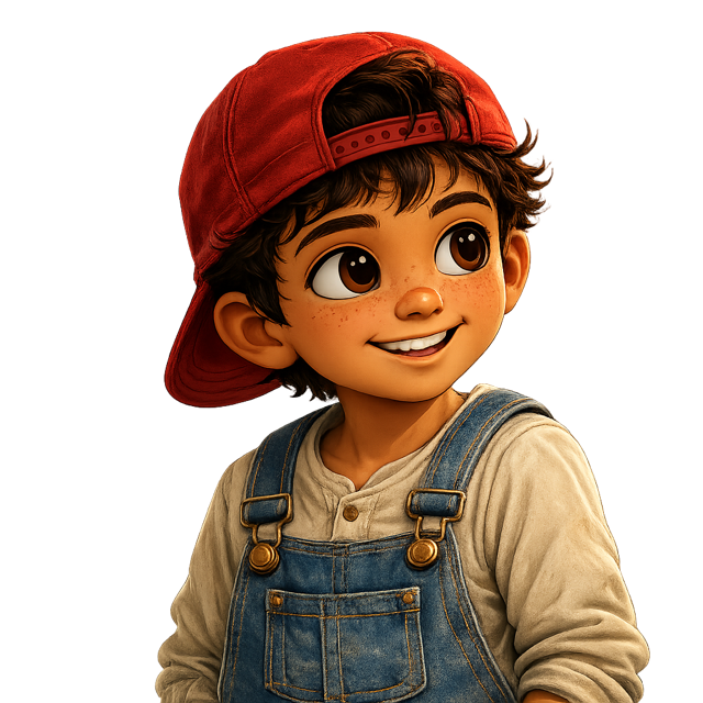 A cartoon boy with big brown eyes, freckles, wearing a red cap turned backwards, a light beige shirt, and denim overalls.