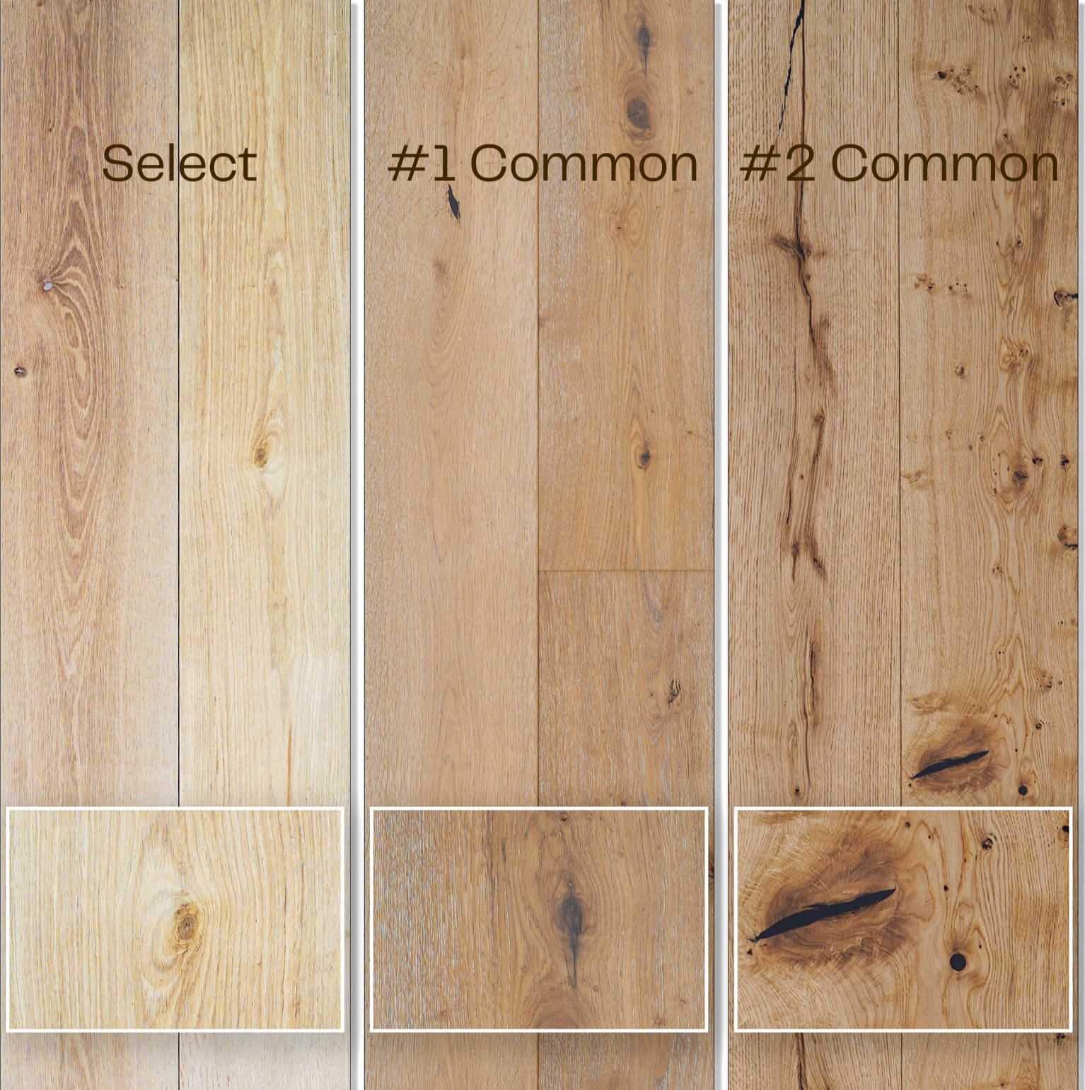 Three wooden planks in different shades with text labels: 'Select' under the lightest, '#1 Common' under the medium, and '#2 Common' under the darker plank.