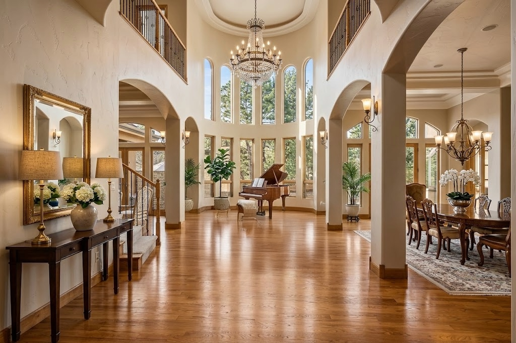 Elegant living room with high ceilings, large windows, a grand chandelier, a grand piano, and a dining area, decorated with plants, flowers, and classic furniture.