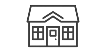 Outline drawing of a house with a gabled roof, two windows on each side of the door, and a central door.