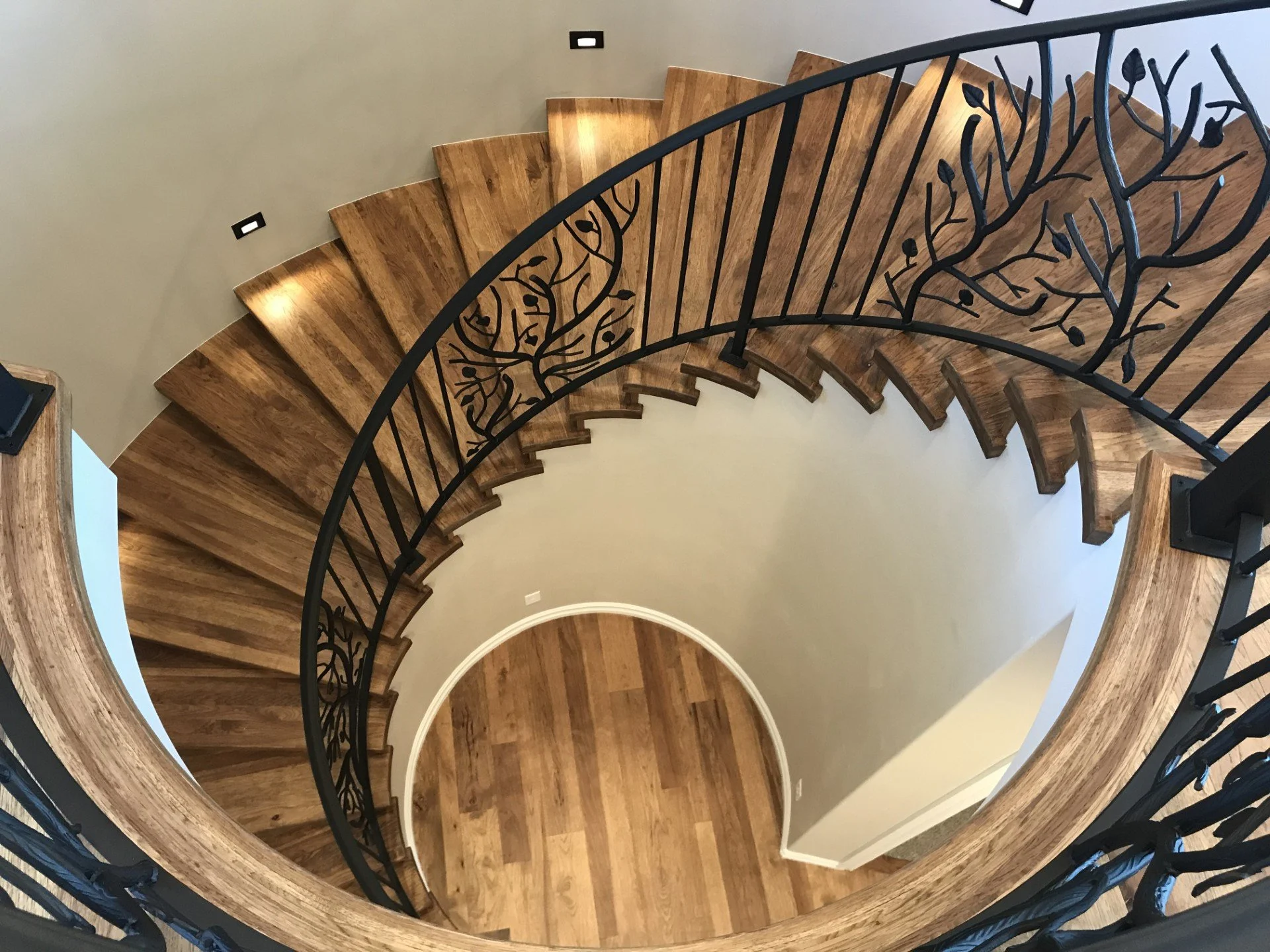Top-down view of a spiral staircase with wooden steps and black metal railing featuring a tree branch design.