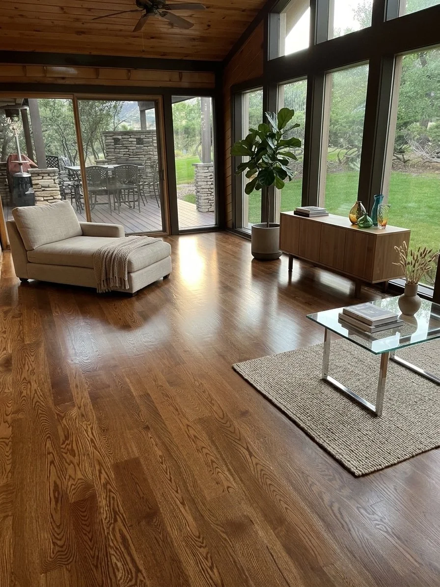 Living room with hardwood floors, large windows, a beige armchair with a throw blanket, a wooden cabinet with decorative vases, a glass coffee table with books, a woven rug, and a large potted plant; view of an outdoor deck with a table, chairs, and a grill through sliding glass doors.