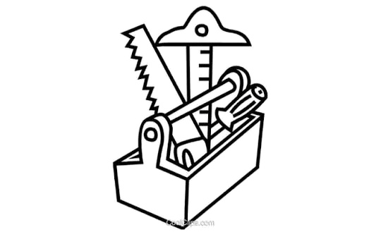 Outline icon of a box filled with various tools like a hammer, screwdriver, and wrench.