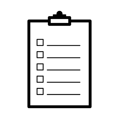 Outline of a clipboard with a checklist of six items, each with an empty checkbox and a line for text.