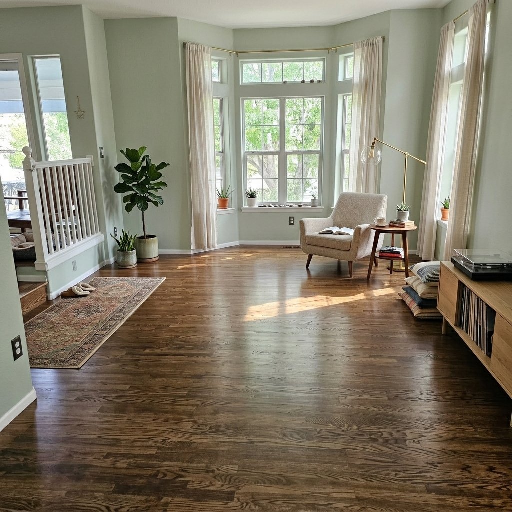 Bright living room with hardwood floors, large bay window with cream curtains, cream armchair, side table with plant, floor lamp, and potted plants. Minimalist decor with a rack of vinyl records and a small rug.