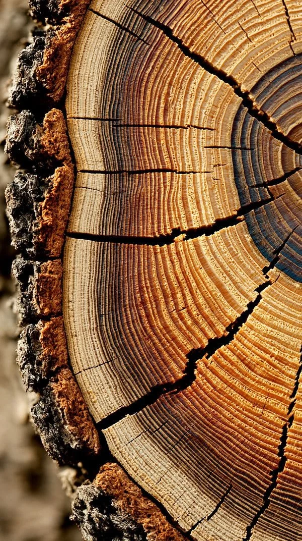Close-up of a cross-section of a tree trunk displaying concentric rings and cracks.