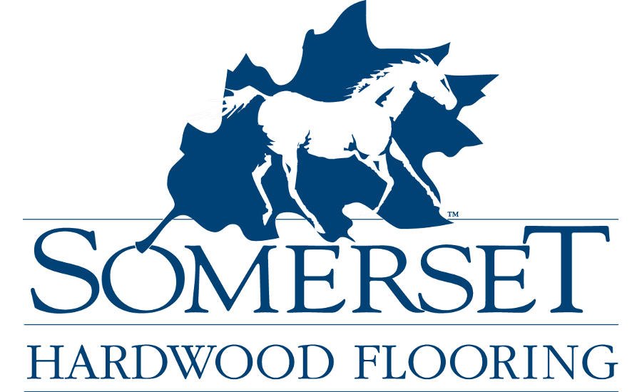 Logo for Somerset Hardwood Flooring featuring a white horse silhouette over a dark blue map outline with the text 'SOMERSET HARDWOOD FLOORING' underneath.