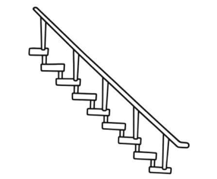 Black and white illustration of a staircase with a handrail, viewed from below.