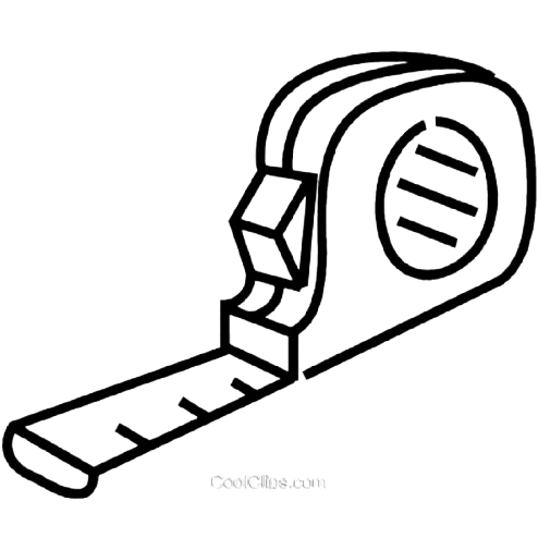 Black and white illustration of a tape measure with a retractable metal tape extended.