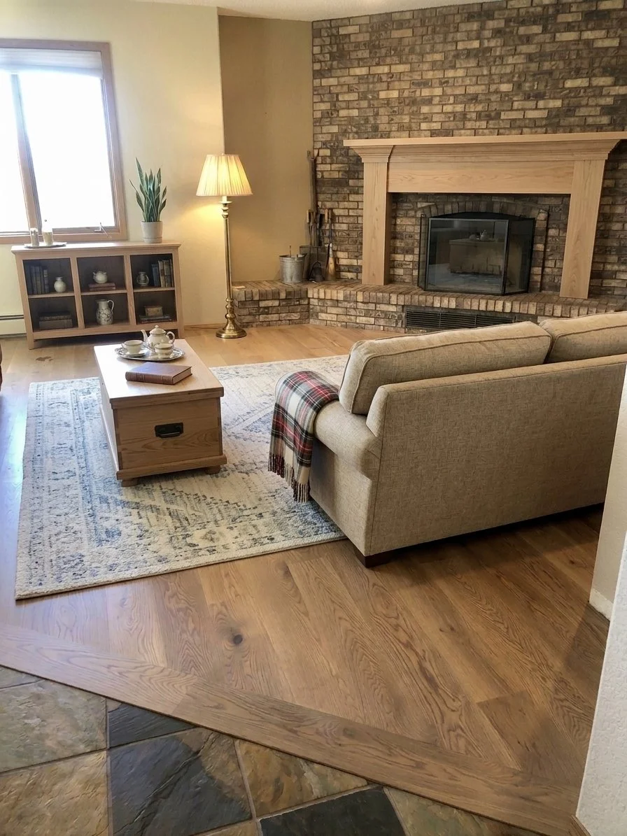 Living room with a beige sofa, a wooden coffee table, a patterned rug, a brick fireplace with a wooden mantel, a window with a plant and cabinet nearby, a floor lamp, and some decorative items.