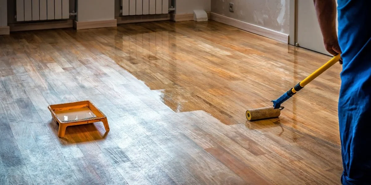 Person using a paint roller to apply finish to a wooden floor in a room.