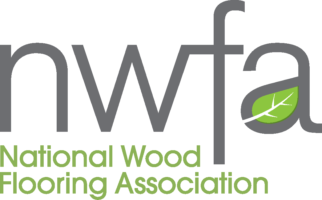 Logo of the National Wood Flooring Association, featuring the acronym NWFA in gray with a green leaf incorporated in the design, and the full organization name in green text below.