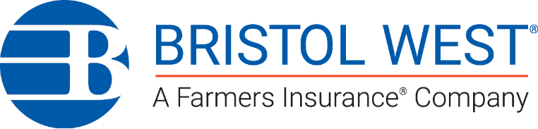 Logo of Bristol West, a Farmers Insurance company, featuring a blue circle with a white 'B' and horizontal lines, this company works with Hardin Insurance to sell Automotive insurance