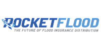 Logo for Rocket Flood, a flood insurance brokerage company, featuring a blue droplet shape with waves and the tagline 'The Future of Flood insurance distribution' logo points to the partnership held with Hardin Insurance