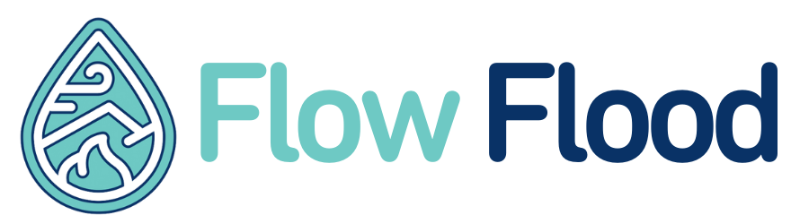 Logo with a water droplet containing a mountain and flowing water inside, followed by the text "Flow Flood" whose flood insurance policies are written with Hardin Insurance