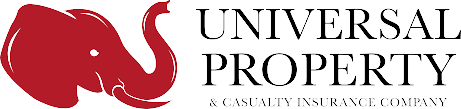 Logo of Universal Property, a casualty insurance company, featuring a red elephant head and the company name in black text. Partnered with Hardin Insurance.