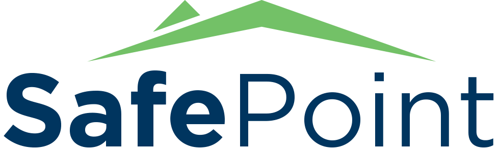Logo for SafePoint, featuring a green stylized mountain peak above the name in bold blue text.