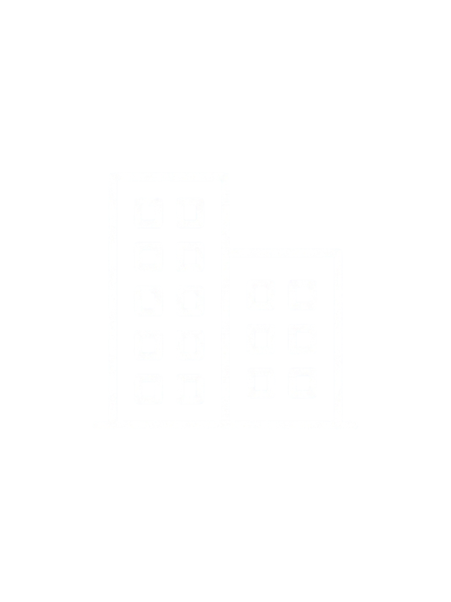 Two white outline  of commercial type buildings with multiple windows on a black background.