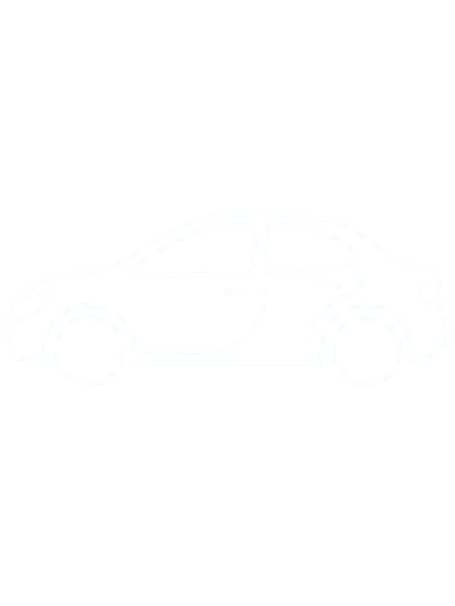 Outline of a modern sedan car in white on a black background.