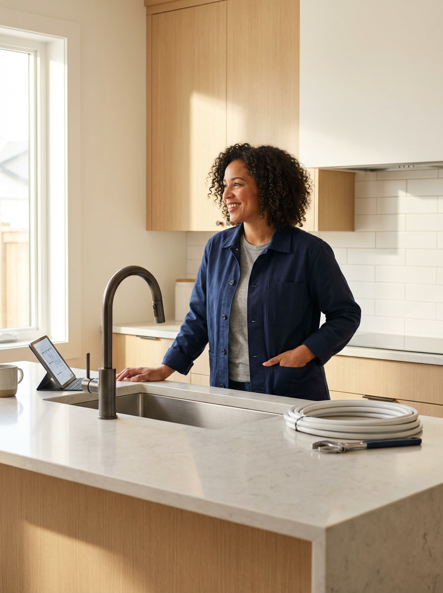 A woman smiling in a kitchen, standing by a sink with a tablet, a mug, a coiled hose, and a faucet on the countertop.