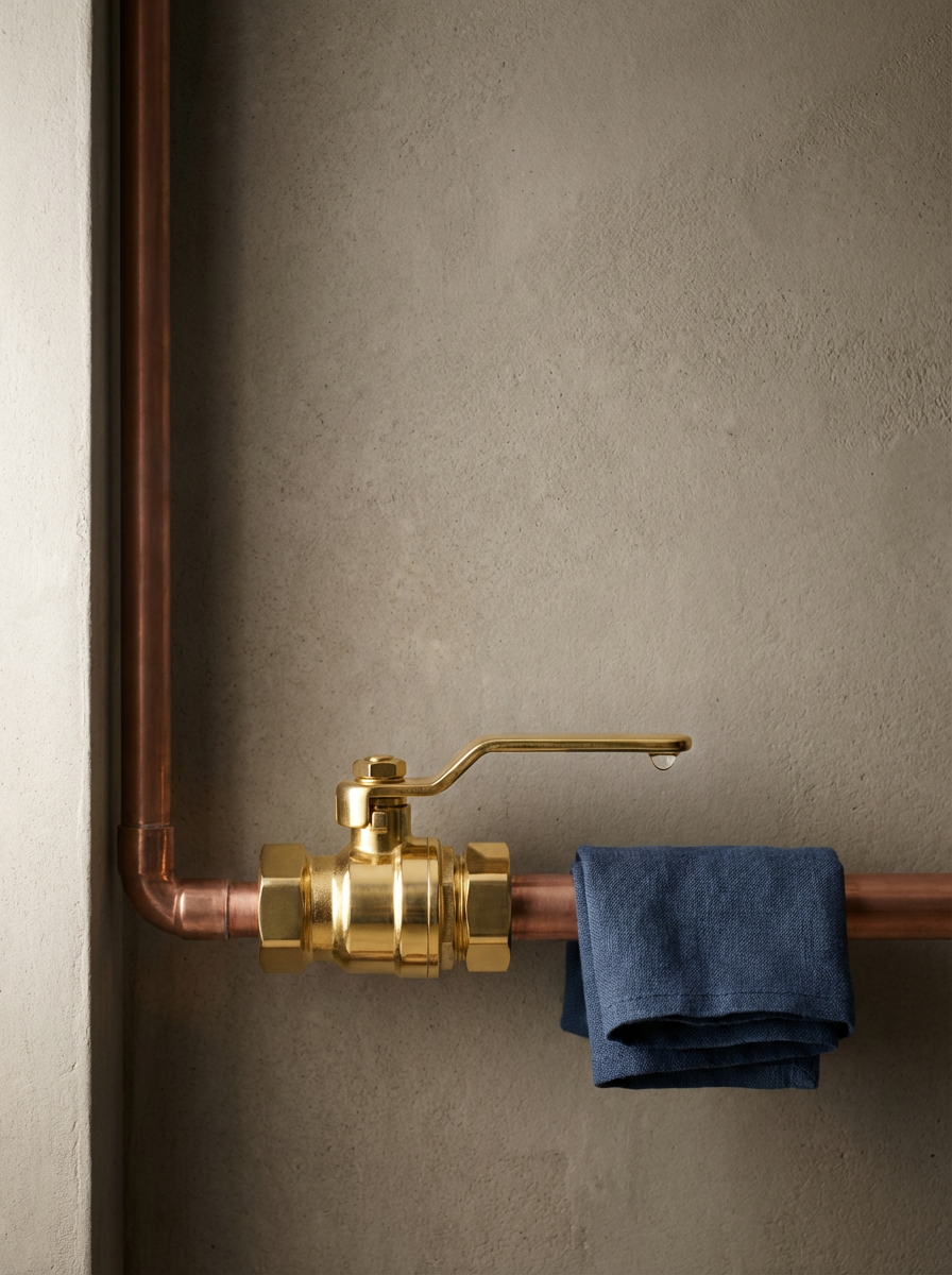 Close-up of a brass water valve with a horizontal copper pipe, a blue cloth draped over the pipe, and a beige wall in the background.
