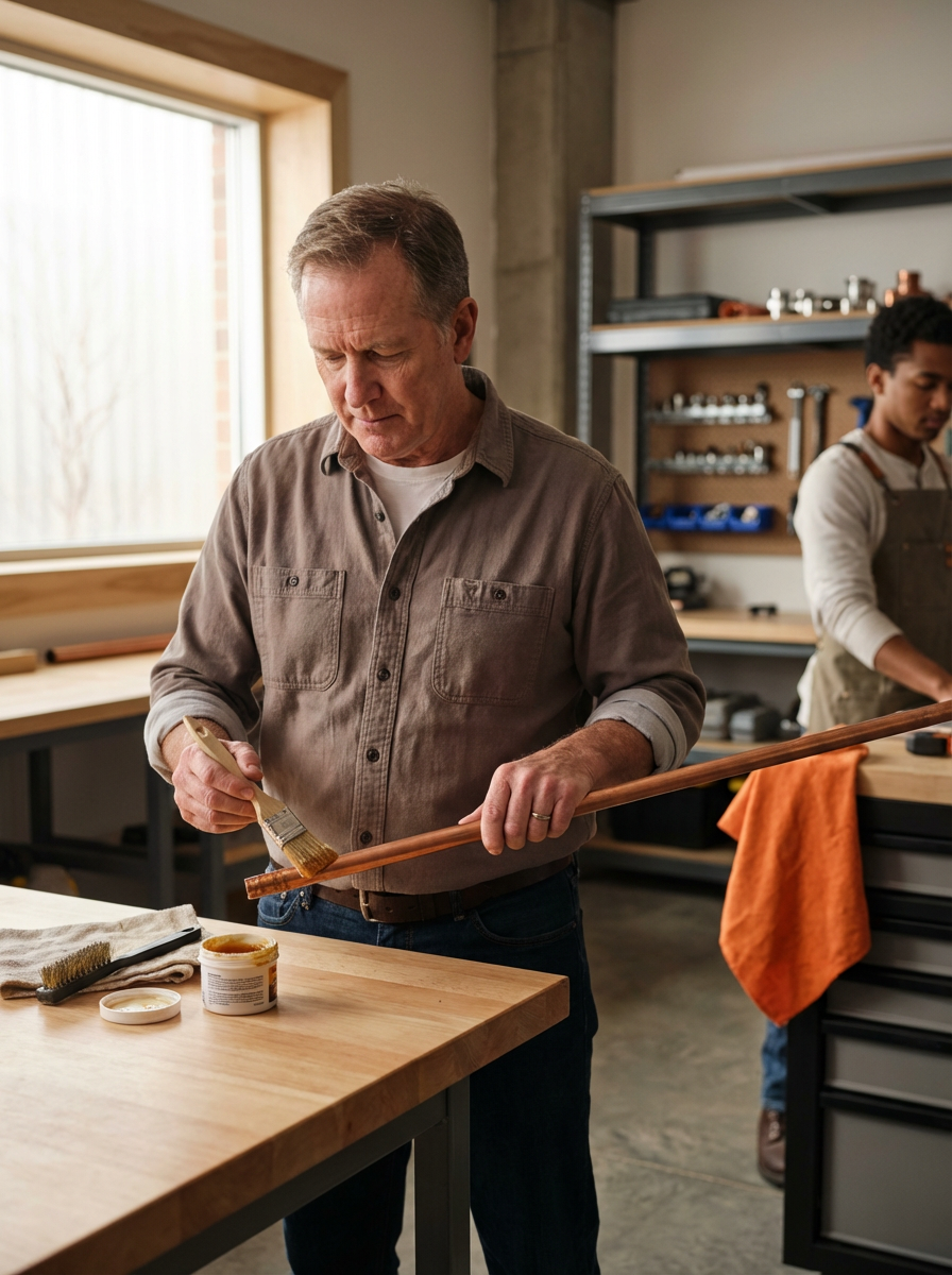 A man with gray hair wearing a brown shirt painting a copper pipe with gold-colored paint in a workshop. In the background, a young man with curly hair wearing an apron works at a workbench.