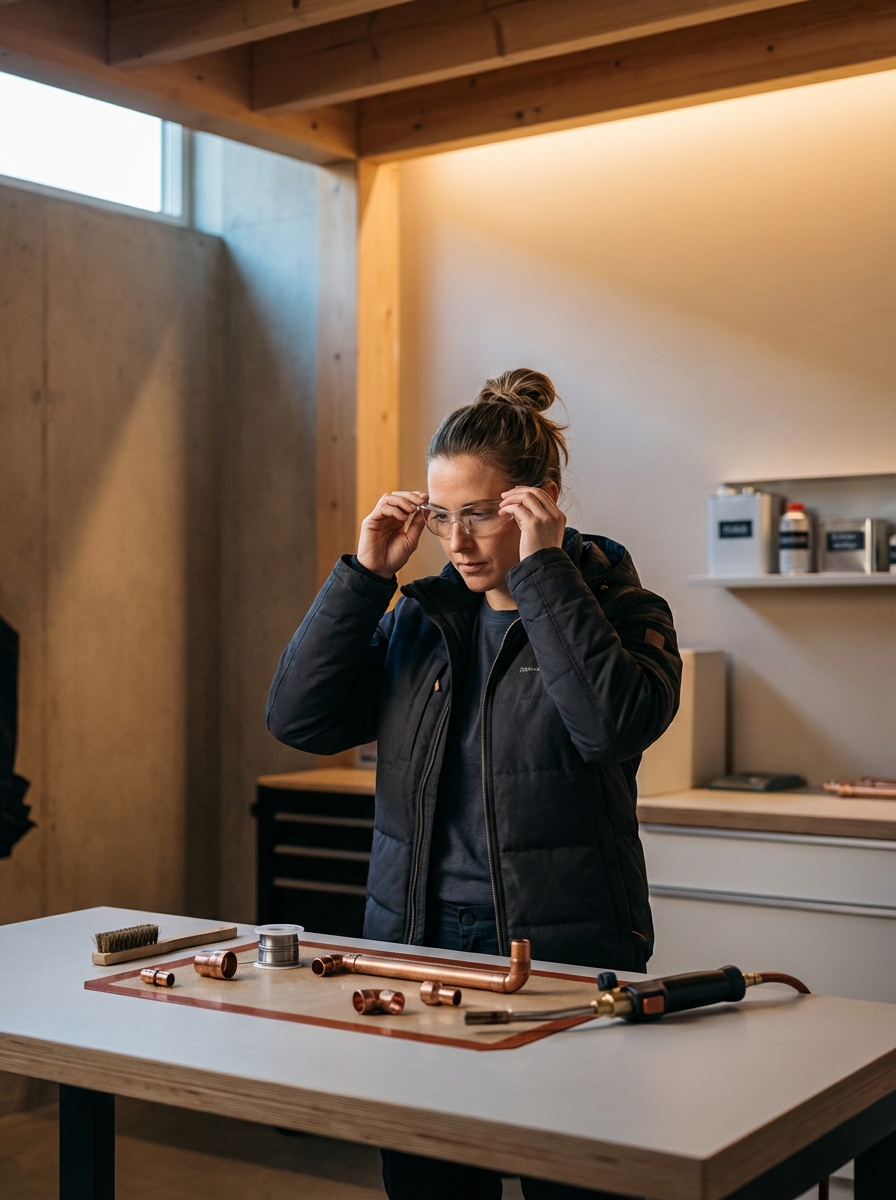 A woman in safety glasses and a black jacket working on plumbing pipes and tools on a table in a workshop or garage.
