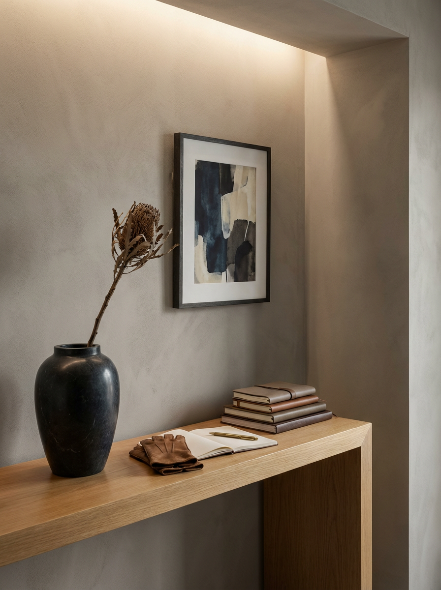 Wooden console table with a black vase containing dried flowers, a pair of brown gloves, a gold pen on an open notebook, and a stack of closed books, with abstract artwork on the beige wall behind.