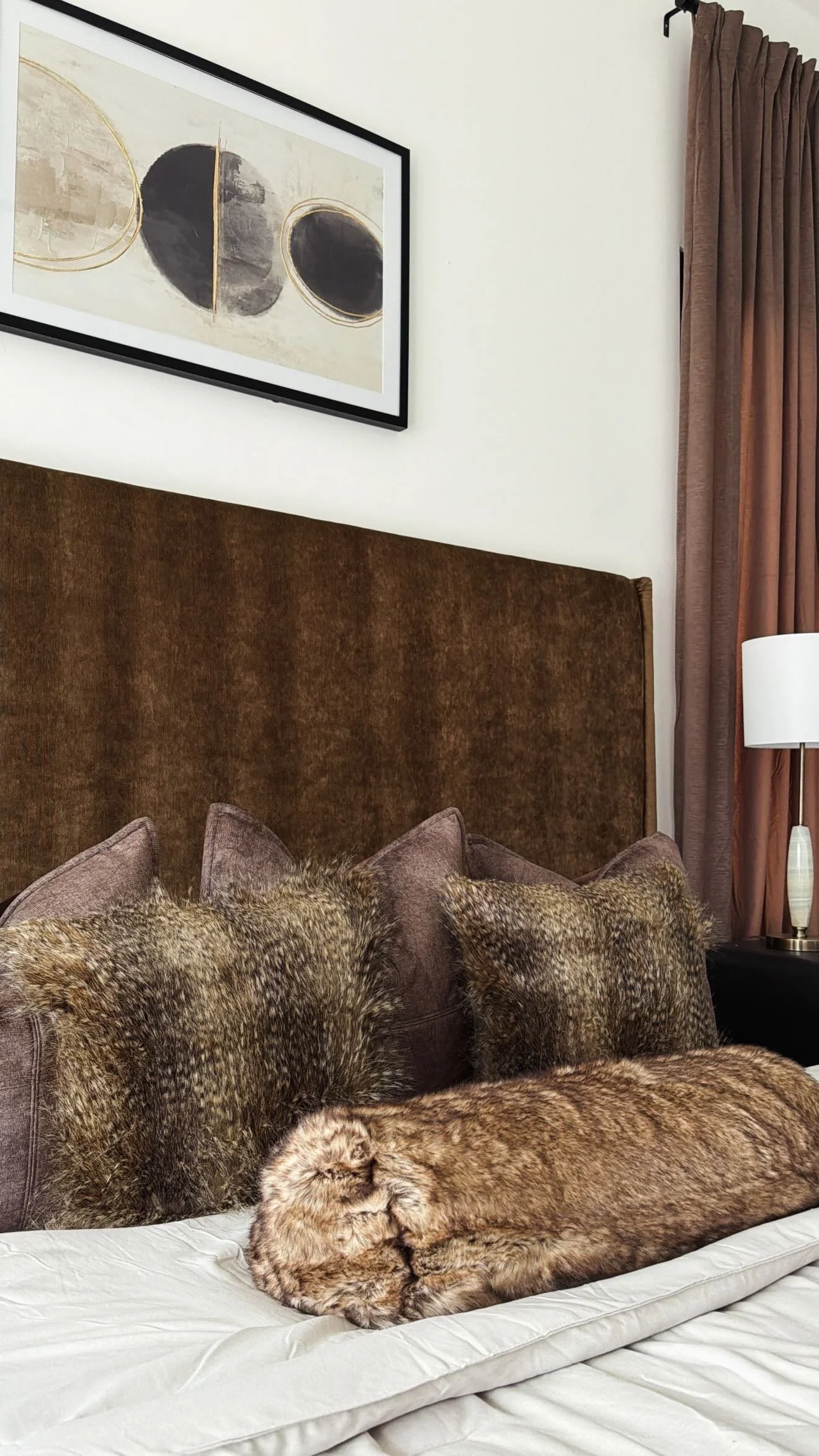 A lion fur blanket on a bed with decorative brown pillows, a brown upholstered headboard, a white wall, framed abstract art, brown curtains, and a white table lamp.