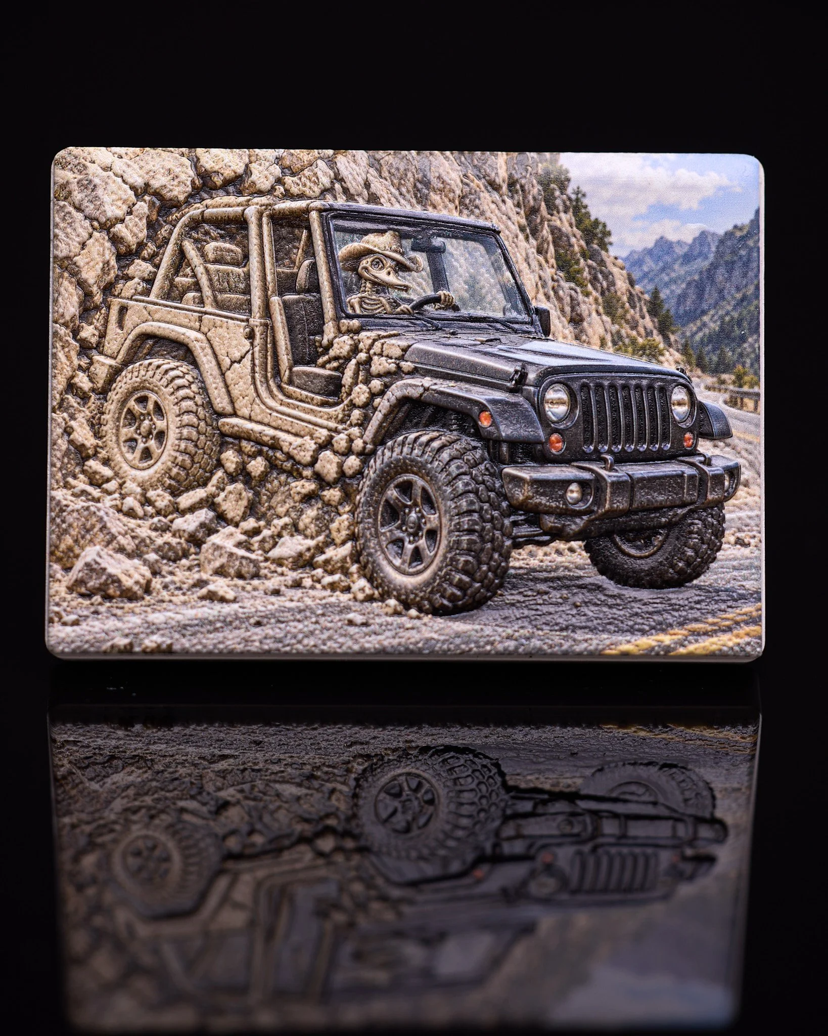 Adventure in relief — detailed Jeep-inspired artwork on a magnet.