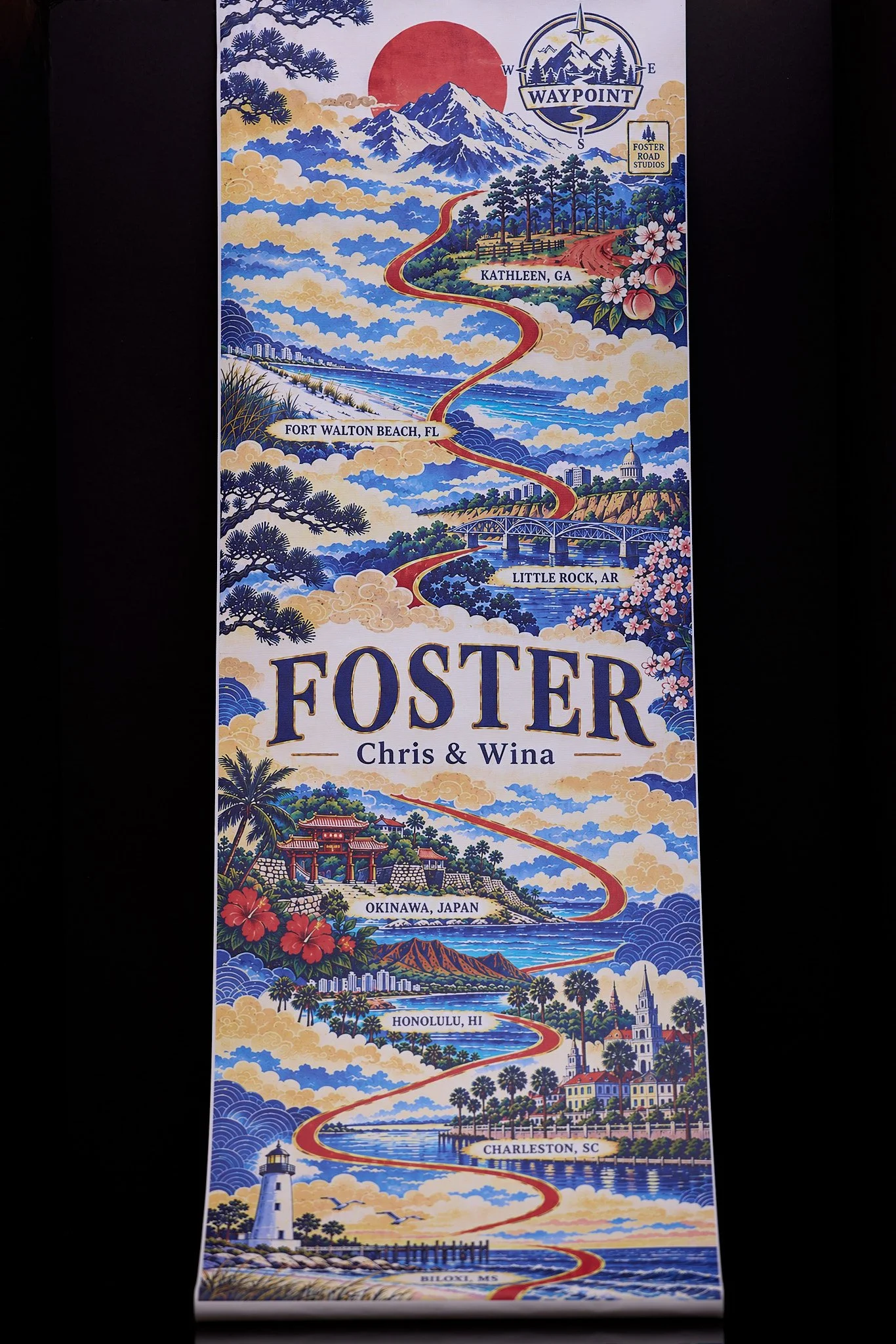Personalized Foster family journey banner featuring Chris and Wina and the places they have called home