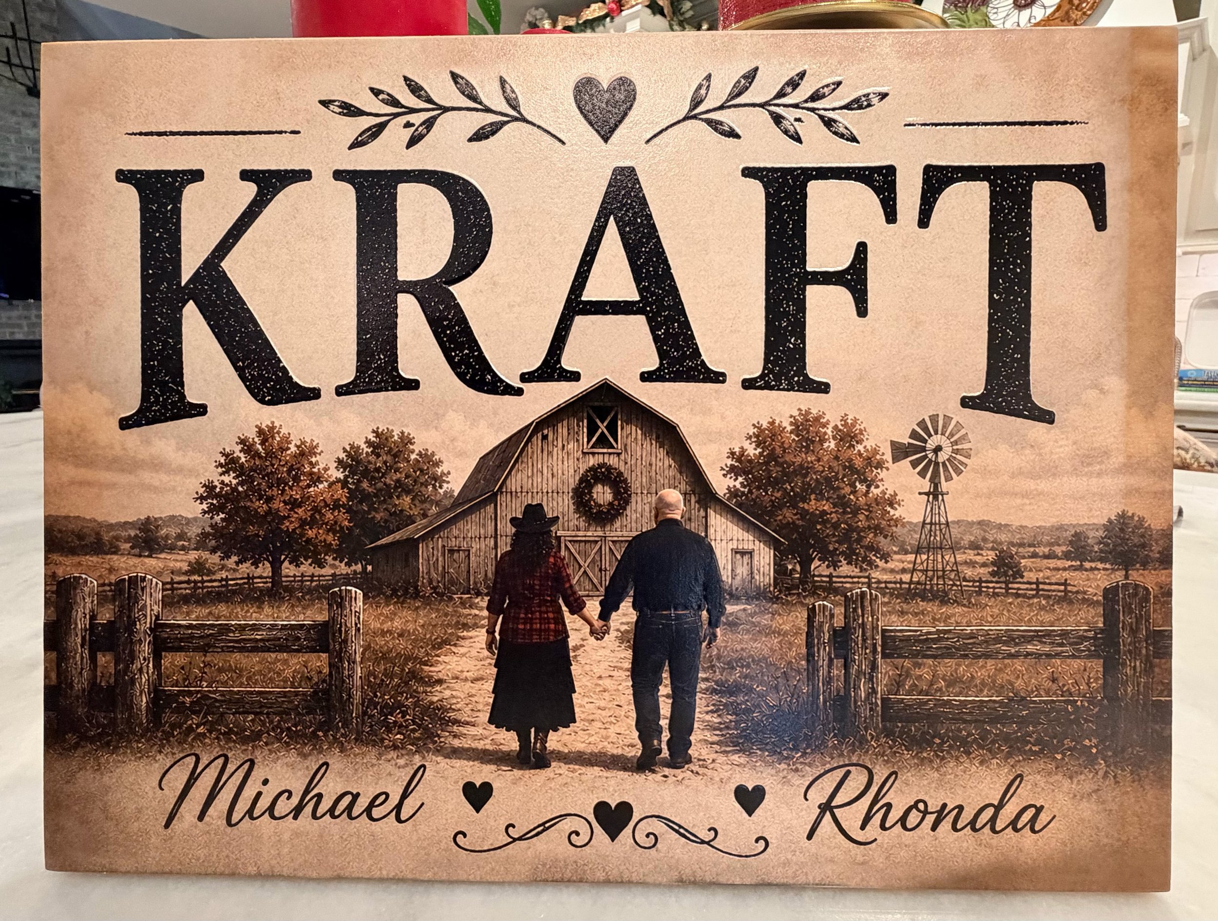 Celebrate your family — a personalized wood plaque with names and artwork that tell your story.