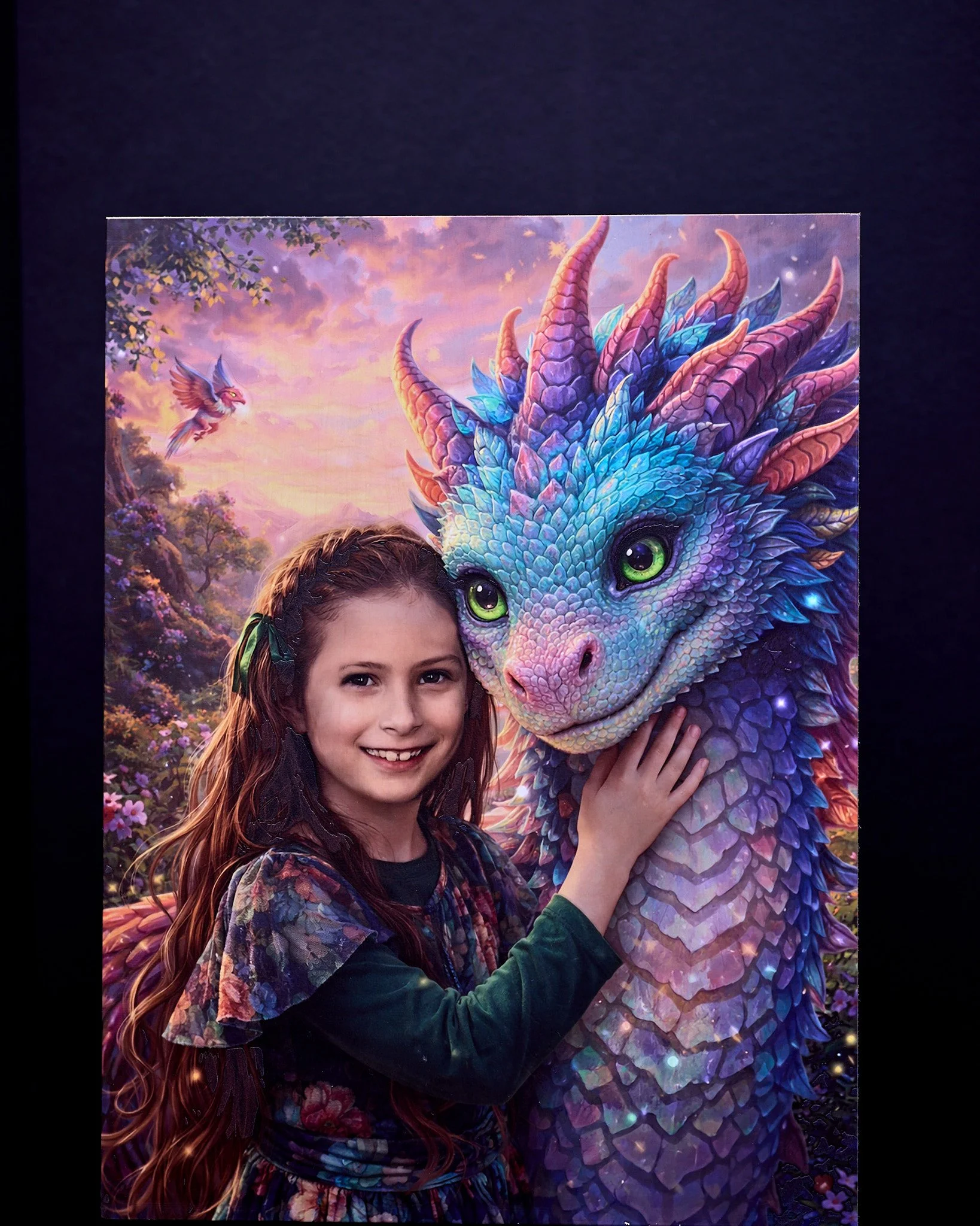 Imagination made personal — a custom fantasy portrait with a colorful dragon.