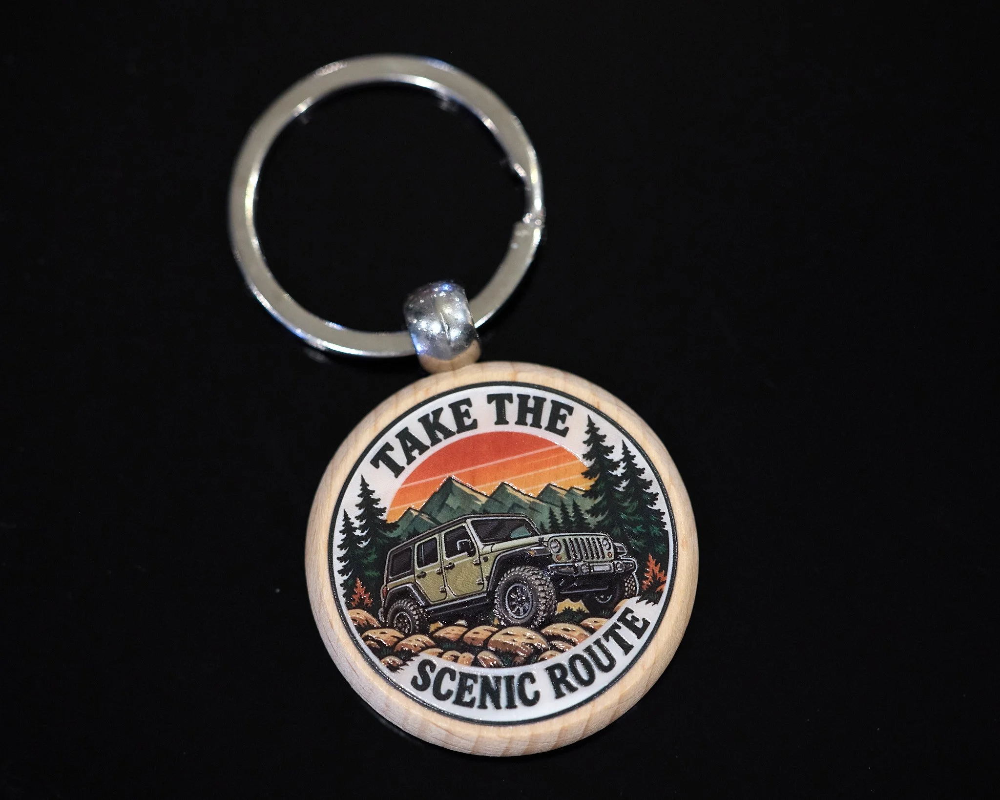 Take the Scenic Route — adventure-inspired wood keychain.