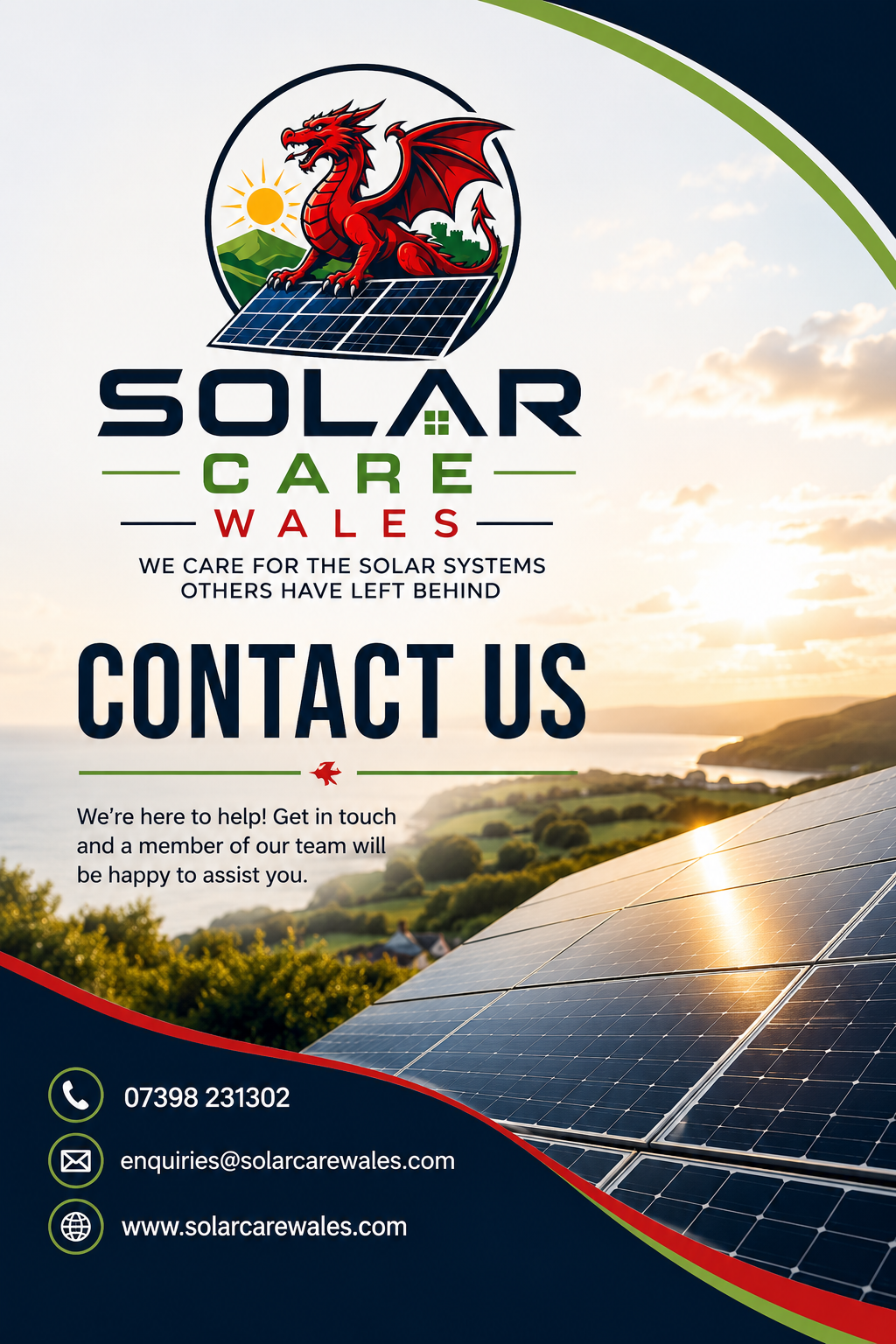 SolarCare Wales logo featuring a red dragon with solar panels, hills, and a sun. Contact information including phone number, email, and website, with a scenic background of hills and solar panels.