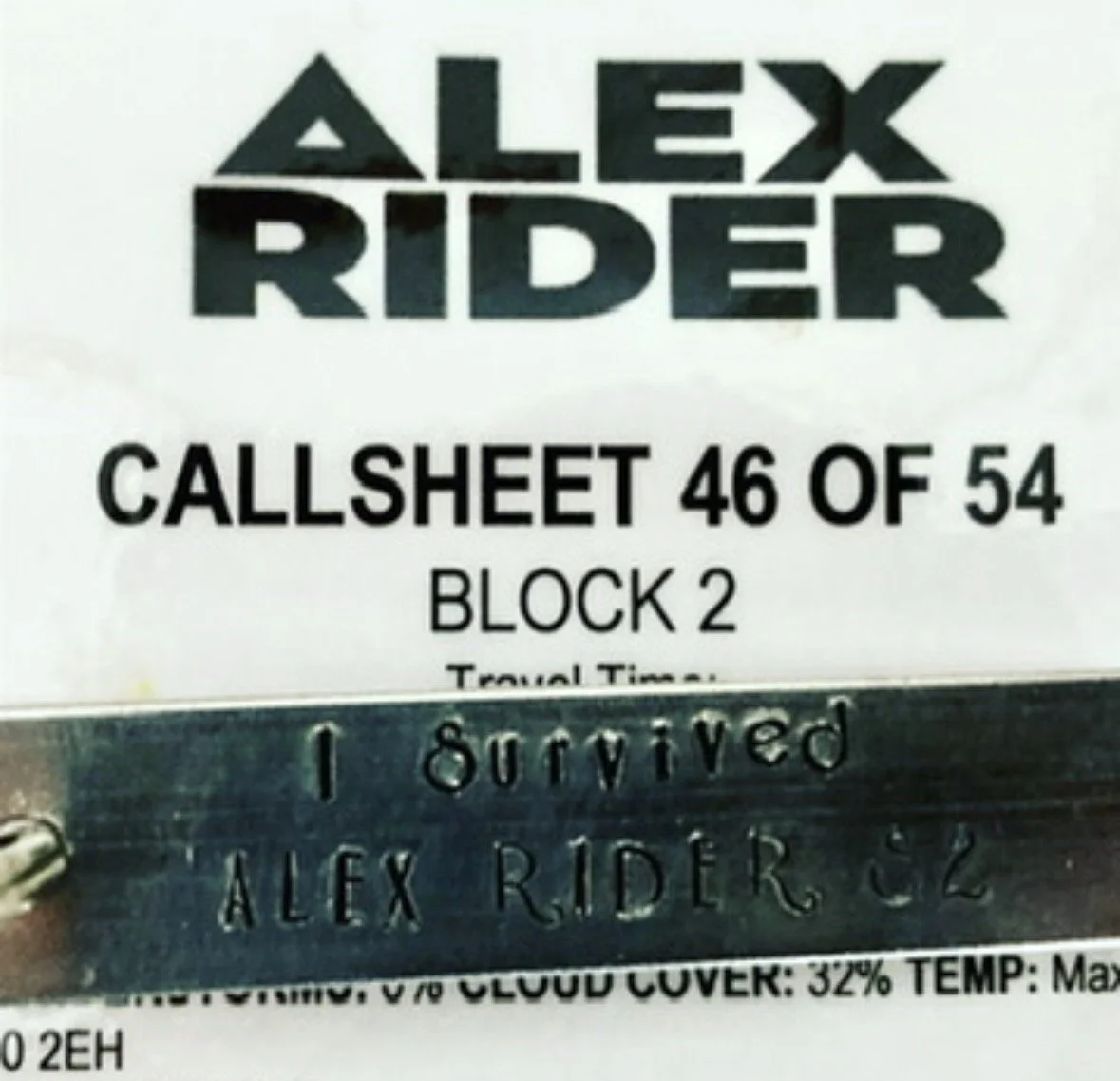 A motorcycle license plate with the name 'ALEX RIDER' and a handwritten note saying 'I survived ALEX RIDER S2'.