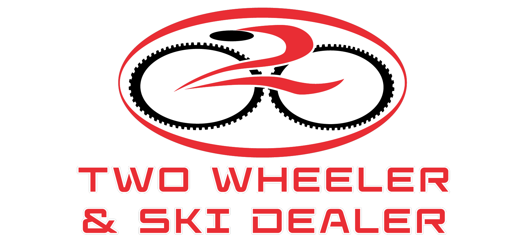 Logo for Two Wheeler & Ski Dealer featuring stylized motorcycle and skis with bold red and black text.