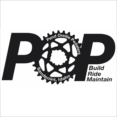 Logo with the words 'PEND OREILLE PEDALERS' around a bicycle gear, and the words 'Build Ride Maintain' below, representing Pend Oreille Pedalers in Sandpoint, Idaho.