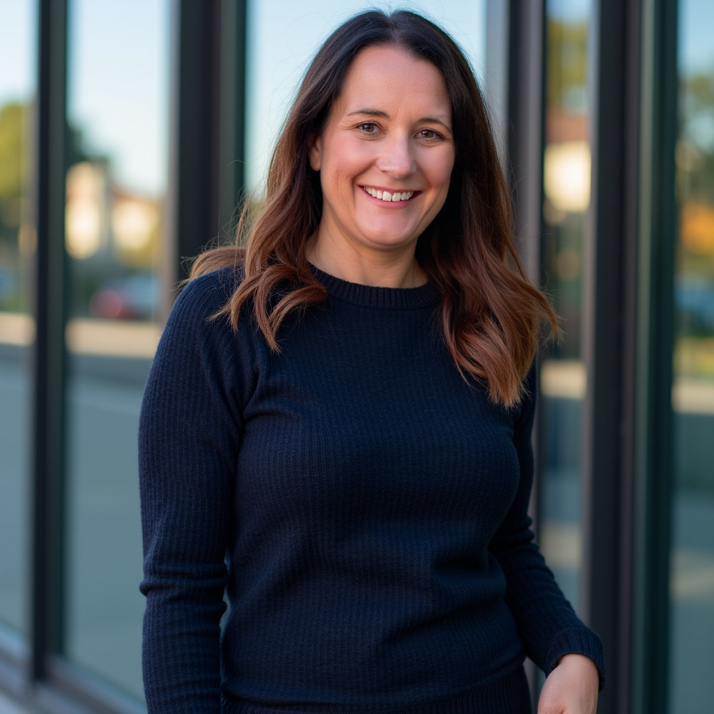 A woman with long brown hair smiling outdoors, wearing a dark blue sweater with glass windows in the background.